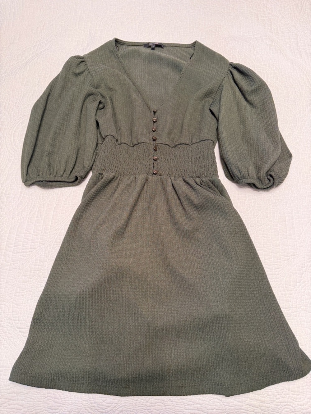Smocked Waist Puff Sleeve Mini Dress in Olive Green